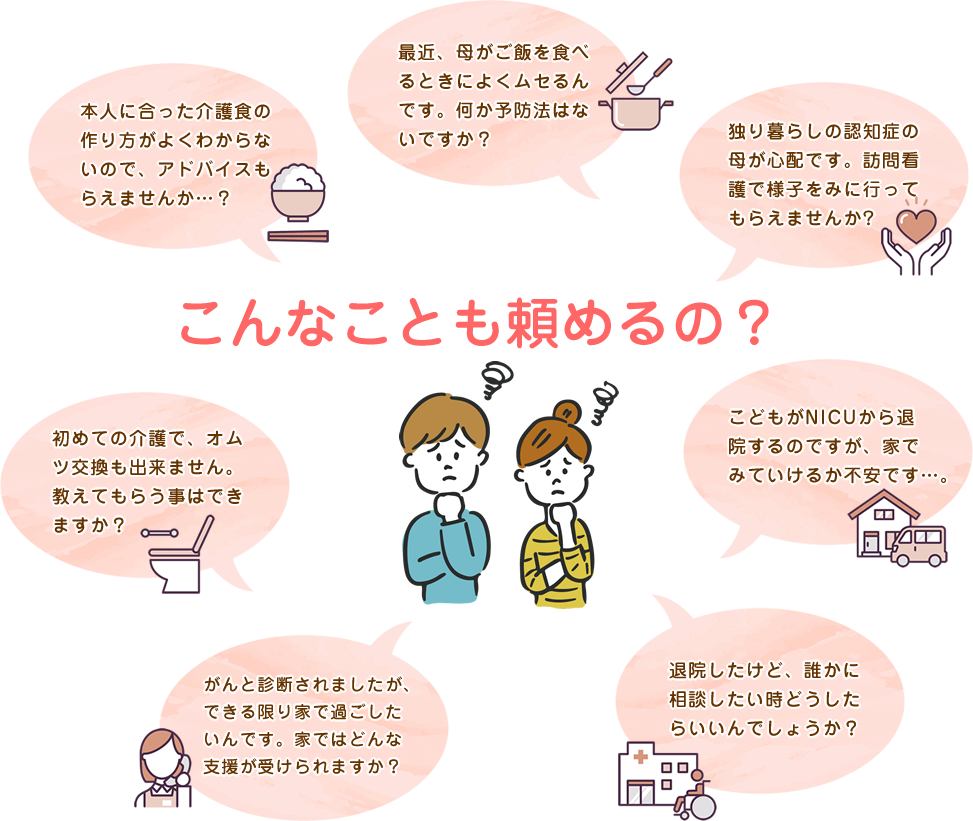 本人に合った介護食の作り方がよくわからないので、アドバイスもらえませんか…？ や、最近、母がご飯を食べるときによくムセるんです。何か予防法はないですか？ など